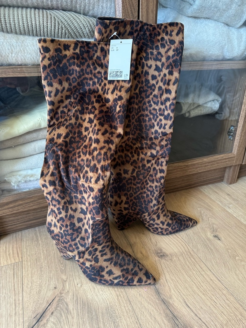 H&M Brown and Black Leopard-Print Knee-High Heeled Boots